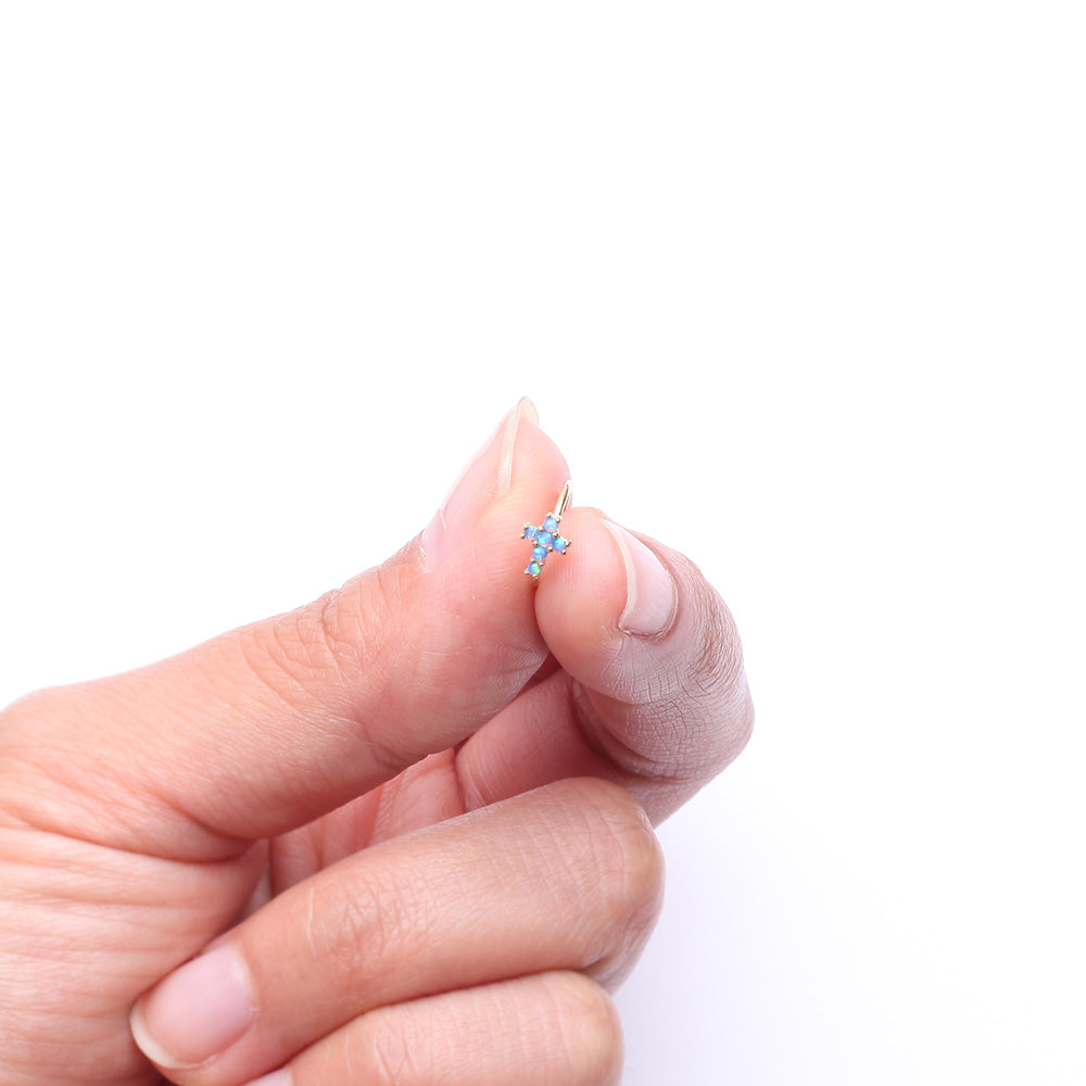 Detail View 2 of 14 Karat Gold Brilliant Fire Opal Cross Bendable Hoop Ring-Blue Opal