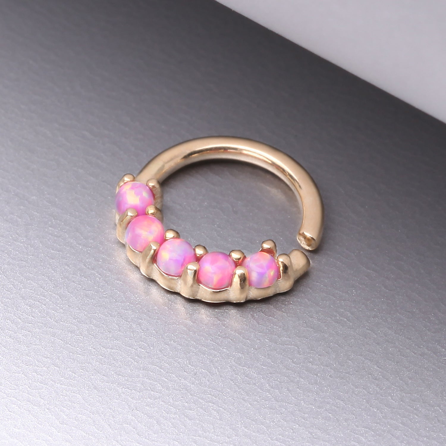 Detail View 1 of 14 Karat Gold Fire Opal Prong Set Lined Bendable Hoop Ring-Pink