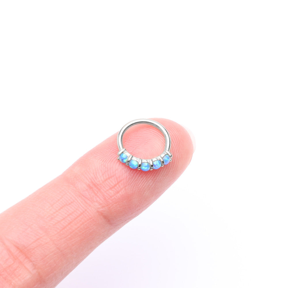 Detail View 2 of 14 Karat White Gold Multi Fire Opal Crown Prong Set Bendable Hoop Ring-Blue Opal