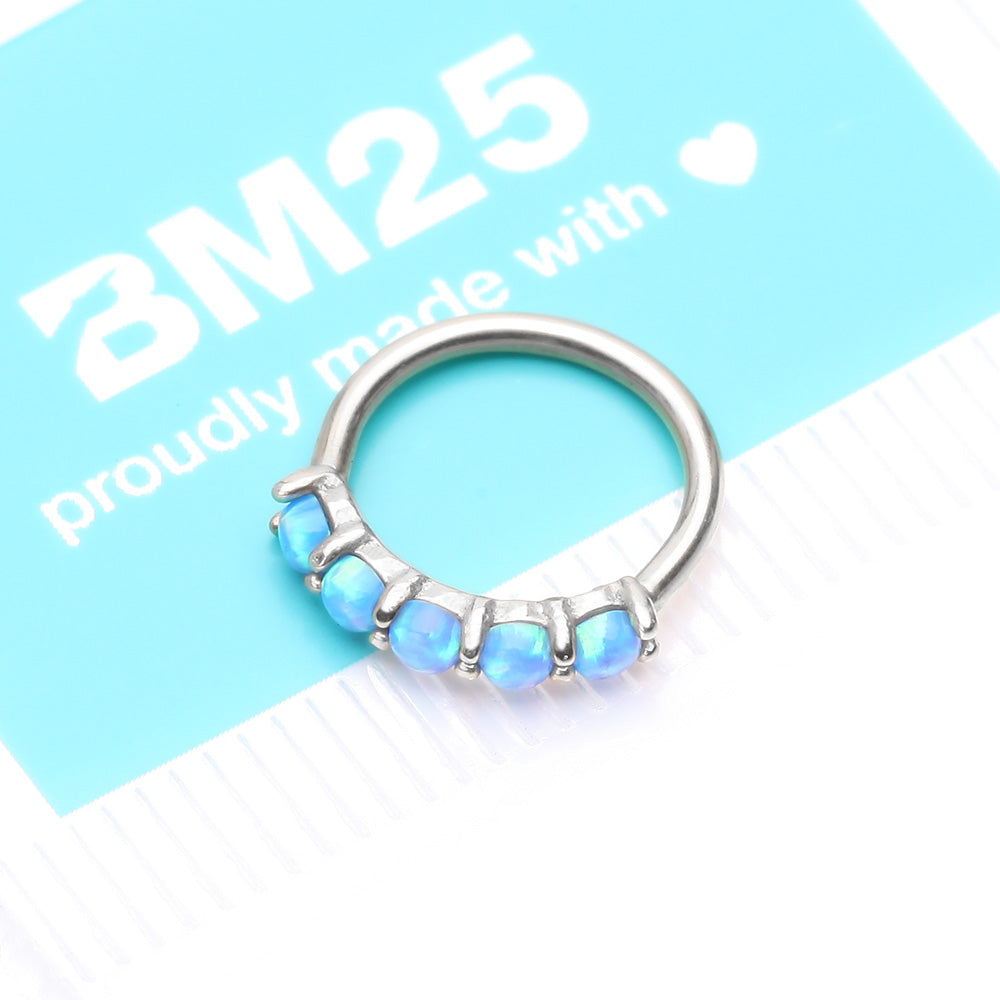 Detail View 4 of 14 Karat White Gold Multi Fire Opal Crown Prong Set Bendable Hoop Ring-Blue Opal