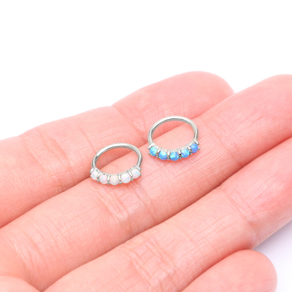 Detail View 3 of 14 Karat White Gold Multi Fire Opal Crown Prong Set Bendable Hoop Ring-Blue Opal