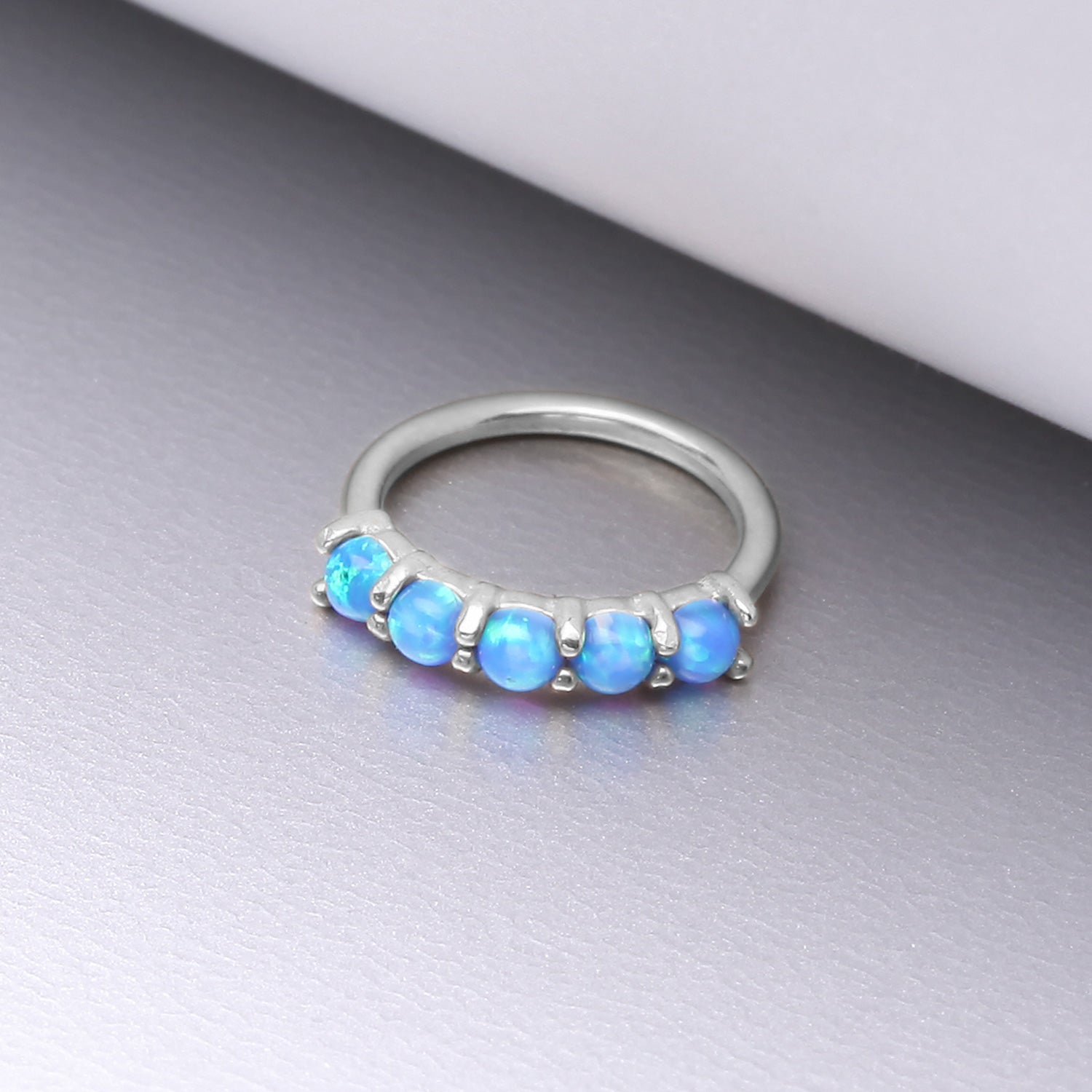 Detail View 1 of 14 Karat White Gold Multi Fire Opal Crown Prong Set Bendable Hoop Ring-Blue Opal