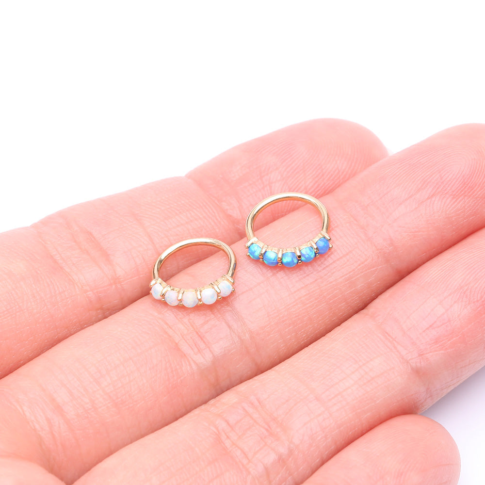 Detail View 3 of 14 Karat Gold Multi Fire Opal Crown Prong Set Bendable Hoop Ring-Blue Opal