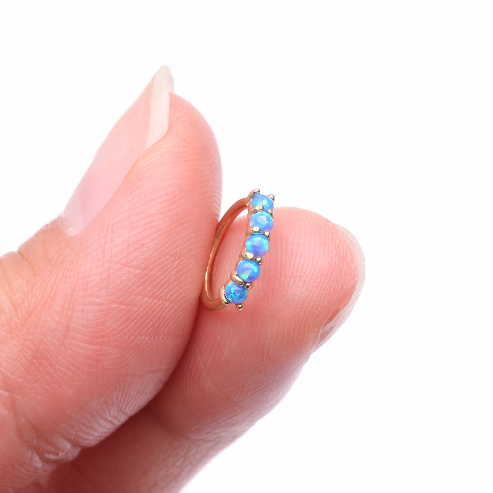 Detail View 2 of 14 Karat Gold Multi Fire Opal Crown Prong Set Bendable Hoop Ring-Blue Opal