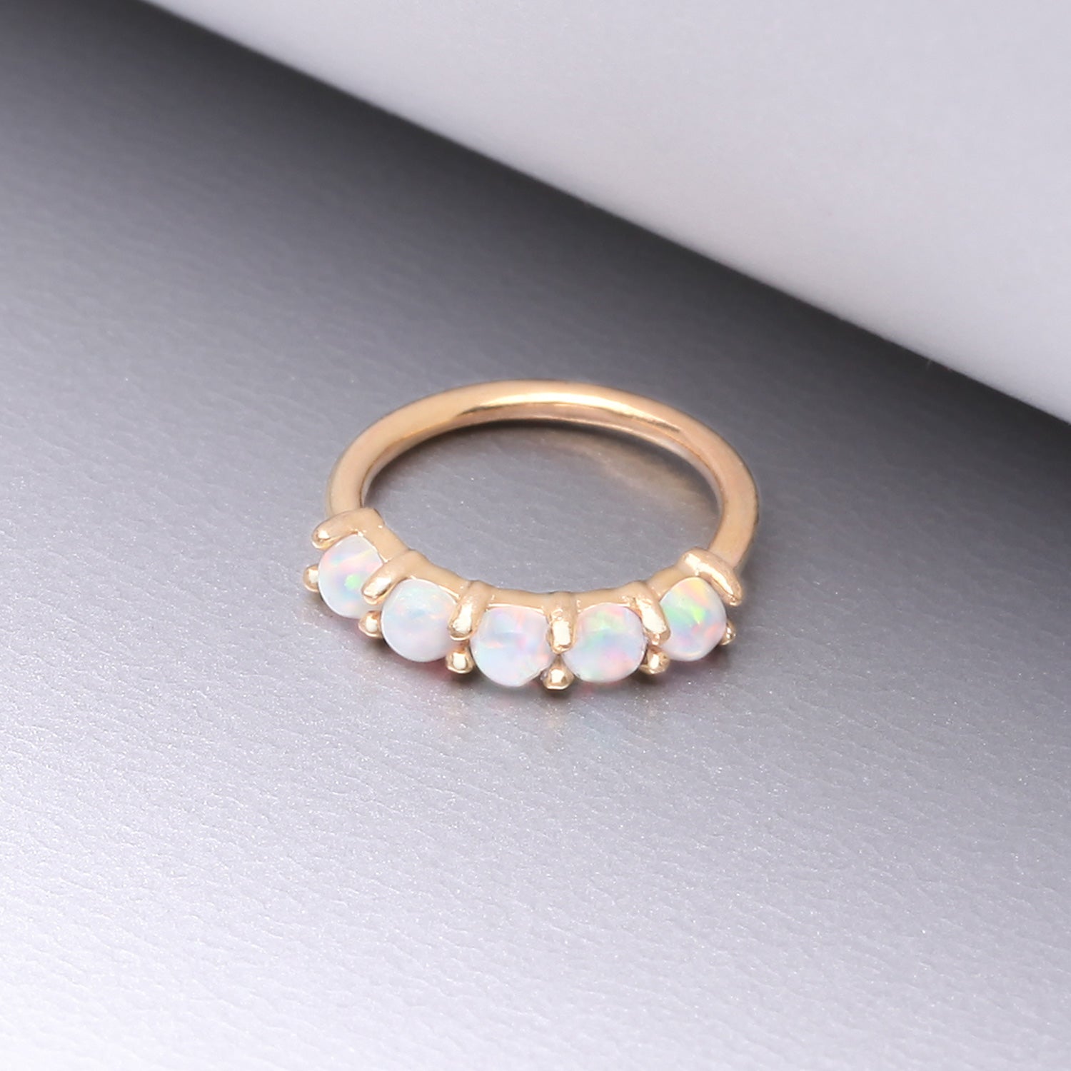 Detail View 1 of 14 Karat Gold Multi Fire Opal Crown Prong Set Bendable Hoop Ring-White Opal