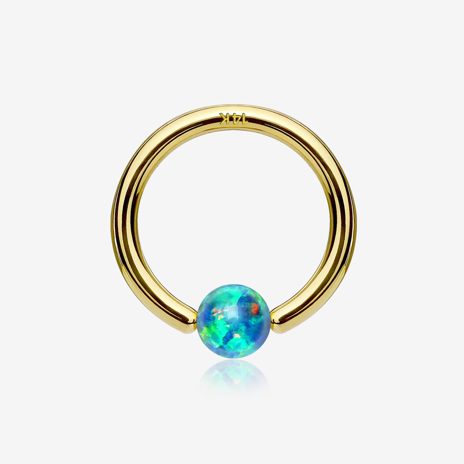 14 Karat Gold Fire Opal Ball CBR Style Bendable Hoop Ring-Green Opal