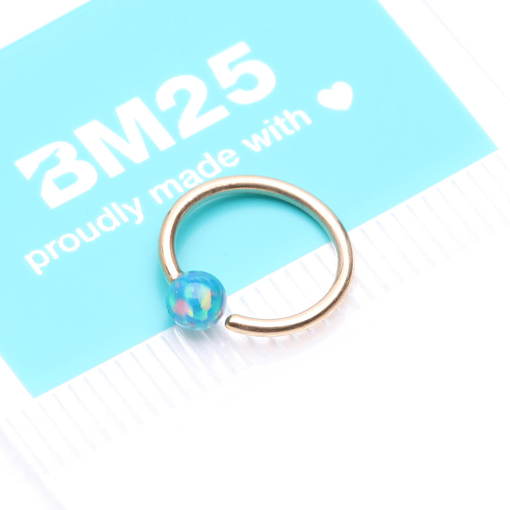 Detail View 4 of 14 Karat Gold Fire Opal Ball CBR Style Bendable Hoop Ring-Green Opal