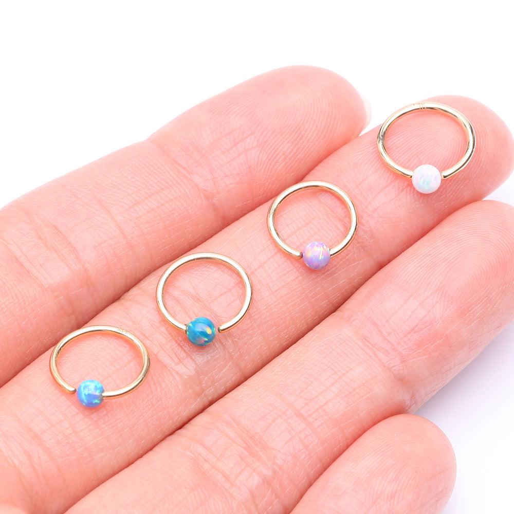 Detail View 3 of 14 Karat Gold Fire Opal Ball CBR Style Bendable Hoop Ring-Green Opal