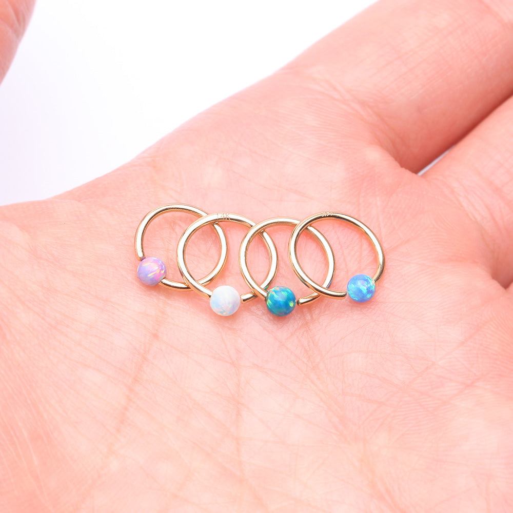 Detail View 3 of 14 Karat Gold Fire Opal Ball CBR Style Bendable Hoop Ring-Purple Opal