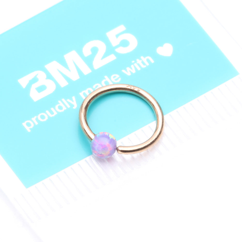 Detail View 4 of 14 Karat Gold Fire Opal Ball CBR Style Bendable Hoop Ring-Purple Opal