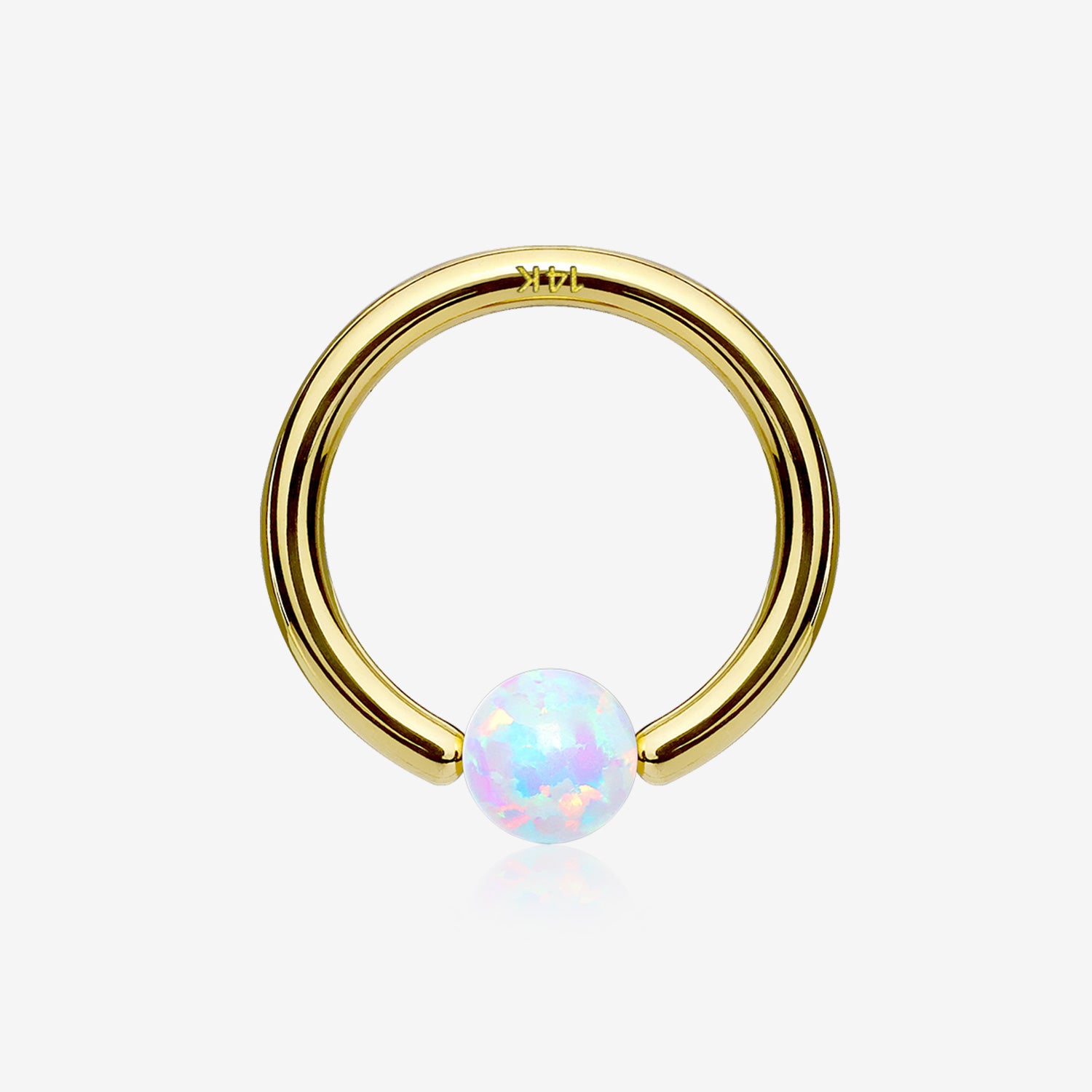14 Karat Gold Fire Opal Ball CBR Style Bendable Hoop Ring-White Opal