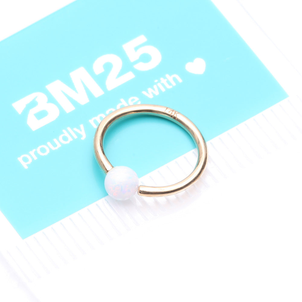 Detail View 4 of 14 Karat Gold Fire Opal Ball CBR Style Bendable Hoop Ring-White Opal