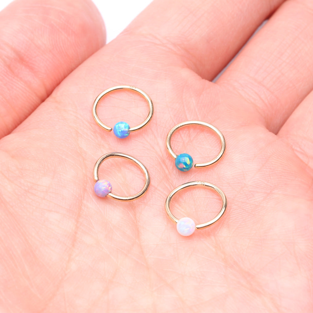 Detail View 3 of 14 Karat Gold Fire Opal Ball CBR Style Bendable Hoop Ring-White Opal