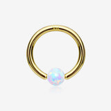 14 Karat Gold Fire Opal Ball CBR Style Bendable Hoop Ring-White Opal