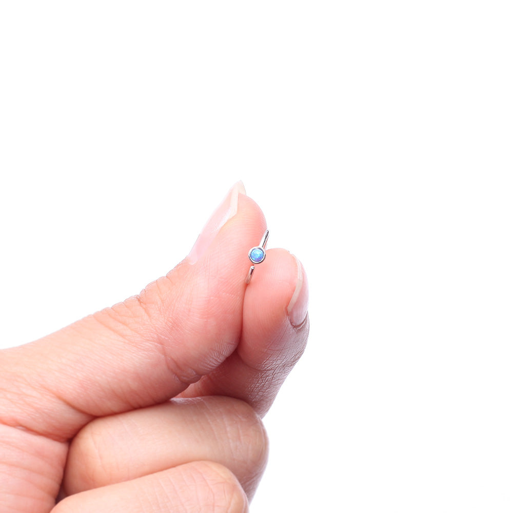 Detail View 2 of 14 Karat White Gold Bezel Set Fire Opal Bendable Hoop Ring-Blue Opal