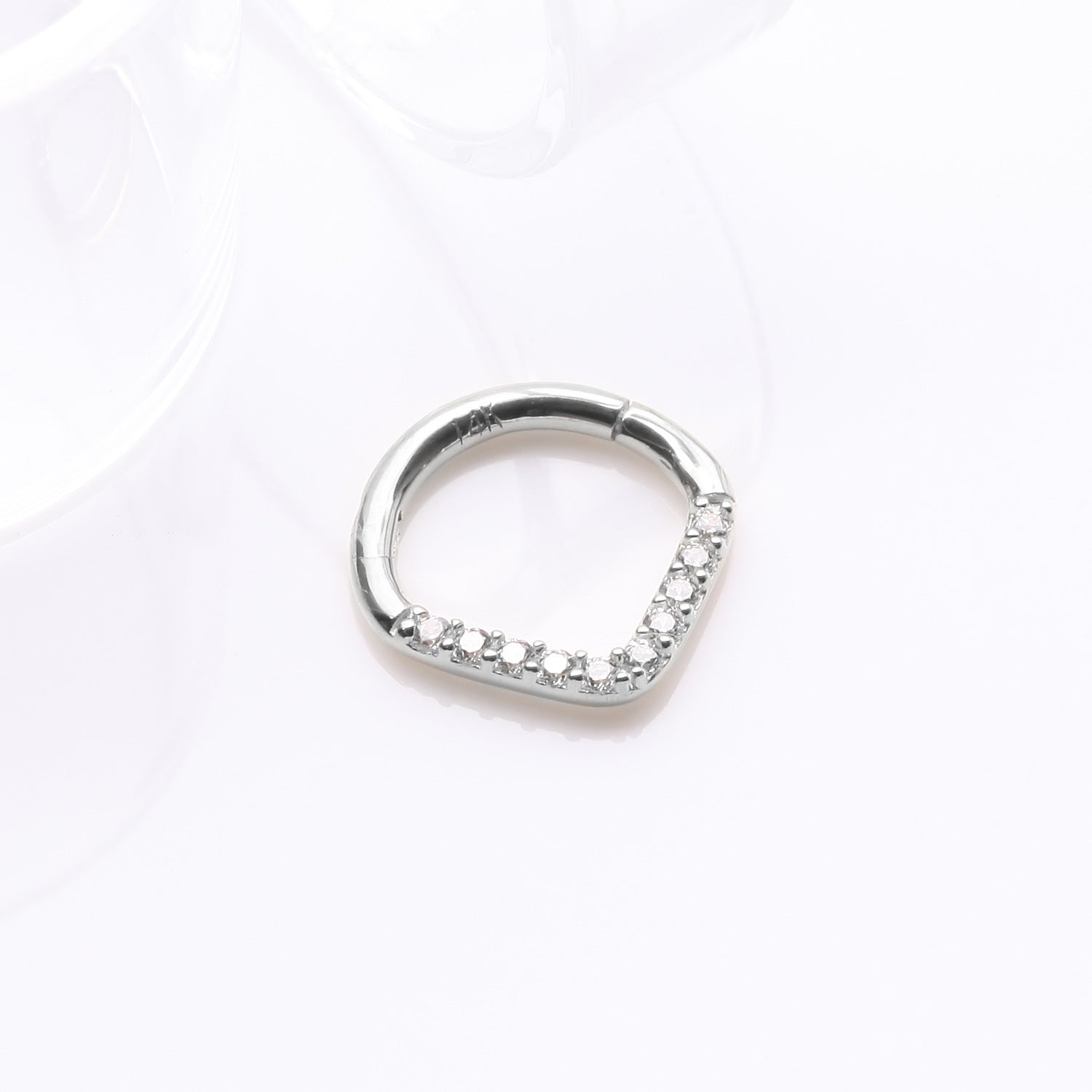 Detail View 1 of 14 Karat White Gold Brilliant Sparkle Chevron Clicker Hoop Ring-Clear Gem