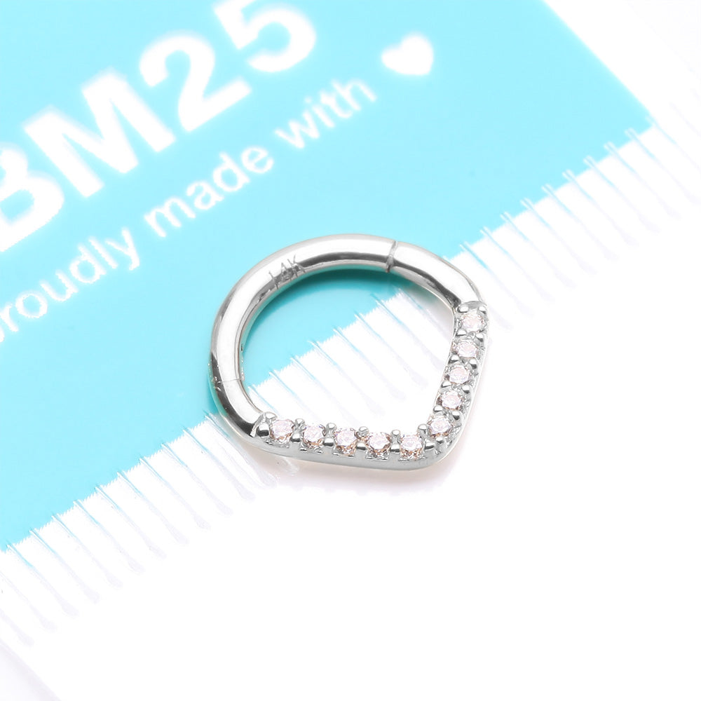 Detail View 3 of 14 Karat White Gold Brilliant Sparkle Chevron Clicker Hoop Ring-Clear Gem
