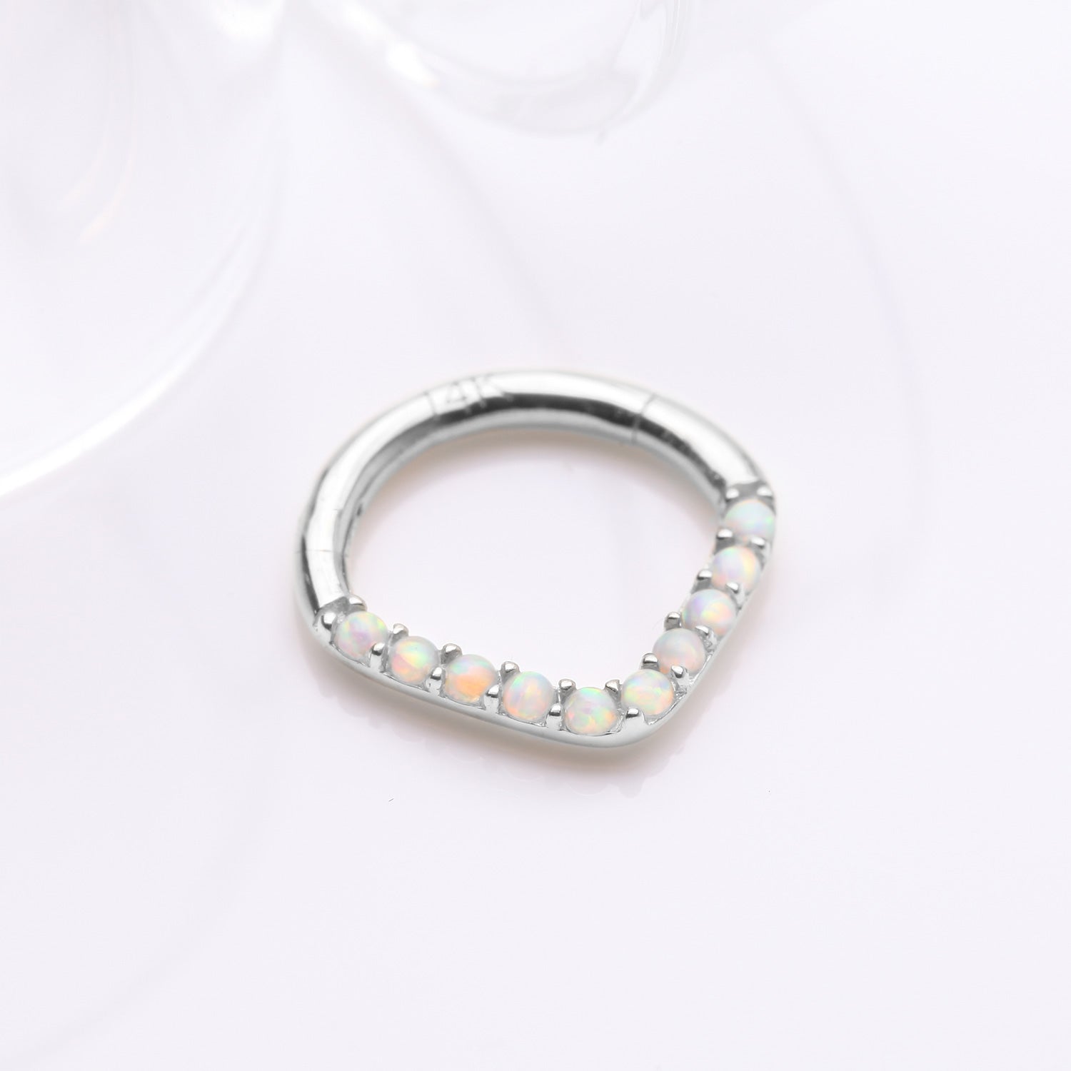 Detail View 1 of 14 Karat White Gold Fire Opal Sparkle Chevron Clicker Hoop Ring-White Opal