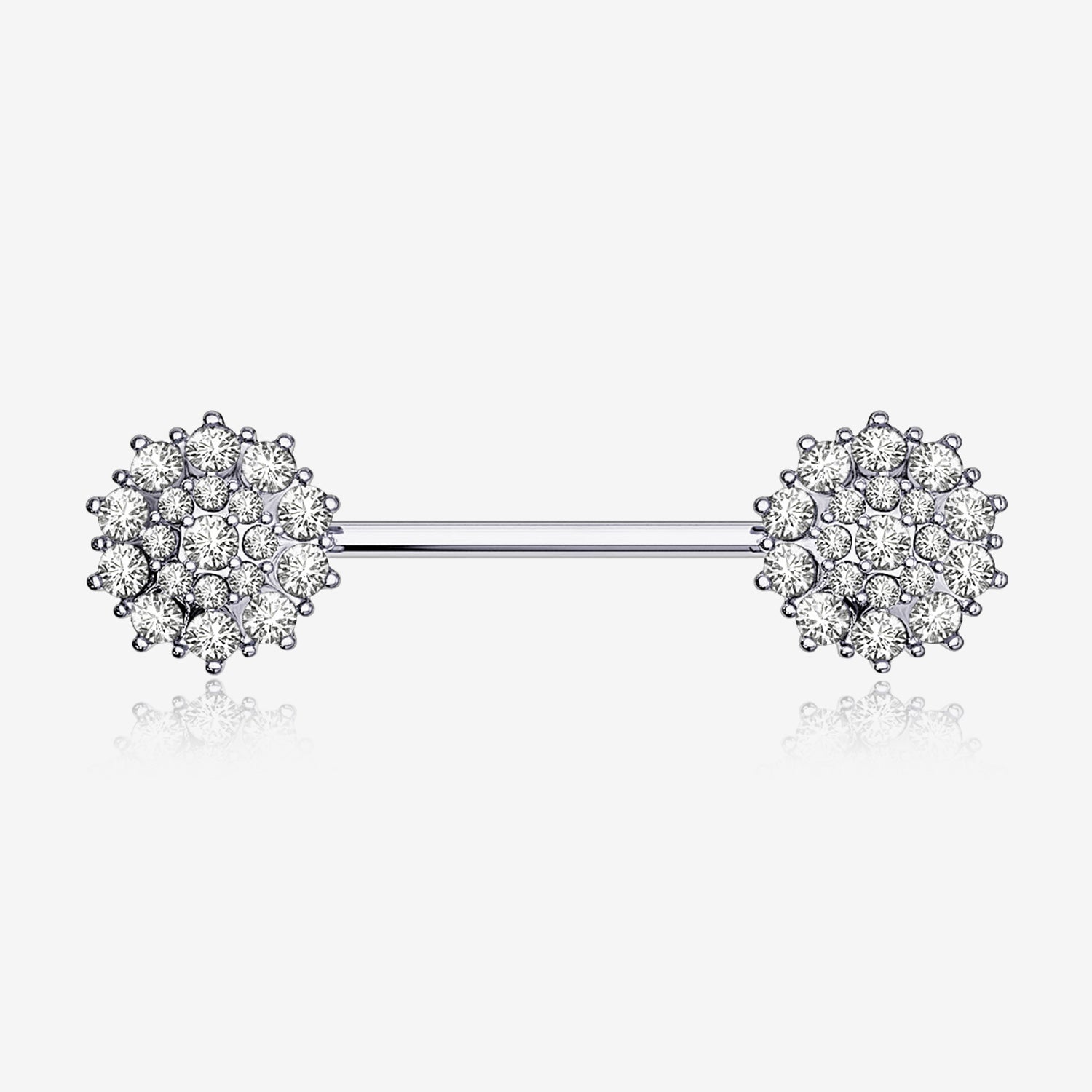 A Pair of 14 Karat White Gold Brilliant Sparkle Glam Flower Nipple Barbell-Clear Gem