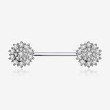 A Pair of 14 Karat White Gold Brilliant Sparkle Glam Flower Nipple Barbell-Clear Gem