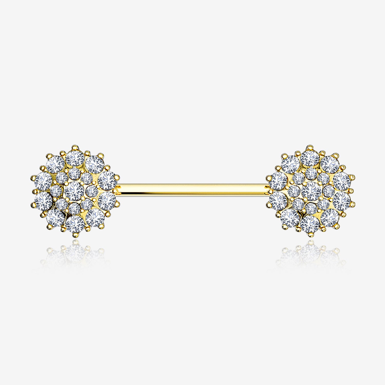 A Pair of 14 Karat Gold Brilliant Sparkle Glam Flower Nipple Barbell-Clear Gem