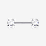 A Pair of 14 Karat White Gold Prong Set Gem Sparkle Nipple Barbell