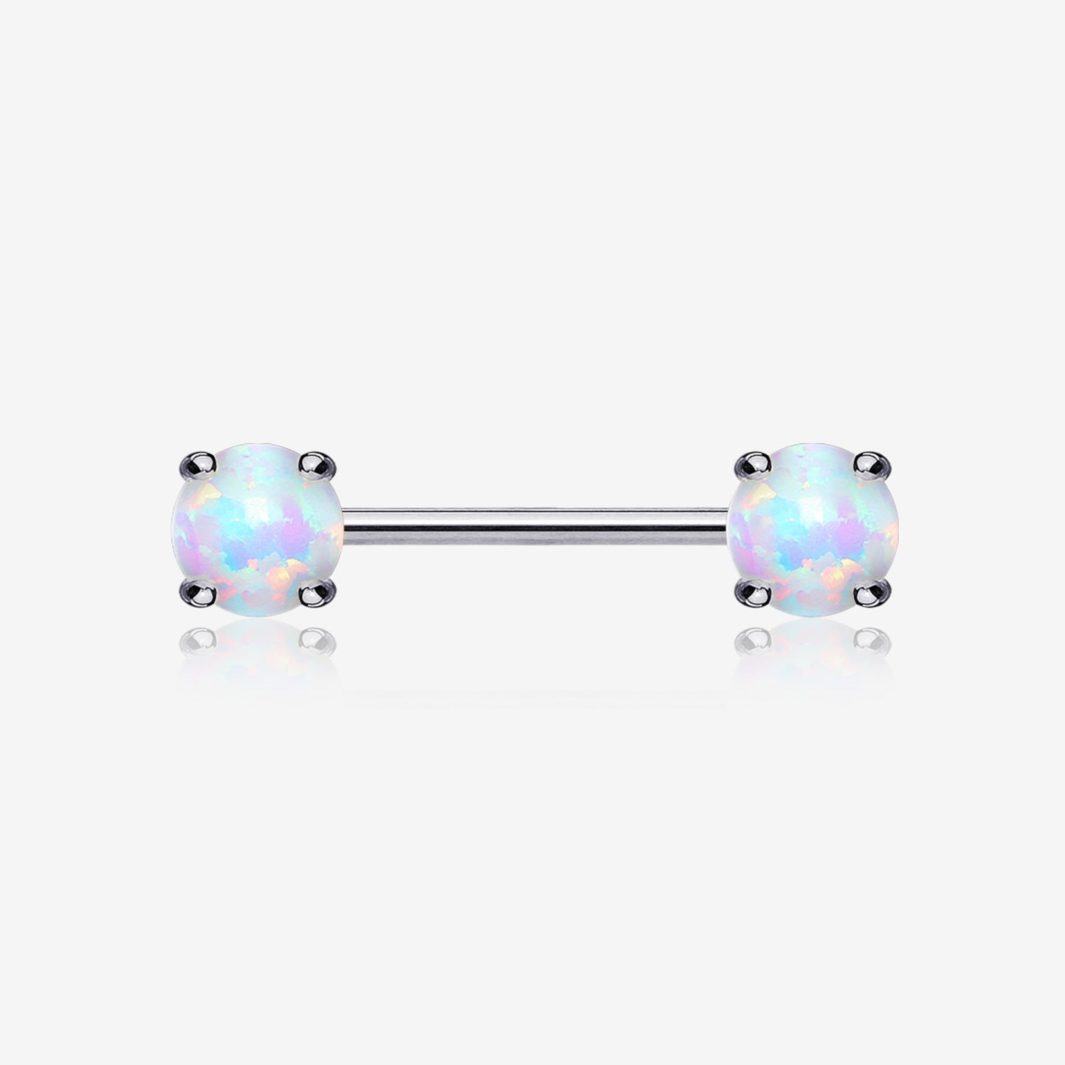 A Pair of 14 Karat White Gold Prong Set Fire Opal Sparkle Nipple Barbell-White Opal