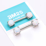 Detail View 2 of A Pair of 14 Karat White Gold Prong Set Fire Opal Sparkle Nipple Barbell-White Opal
