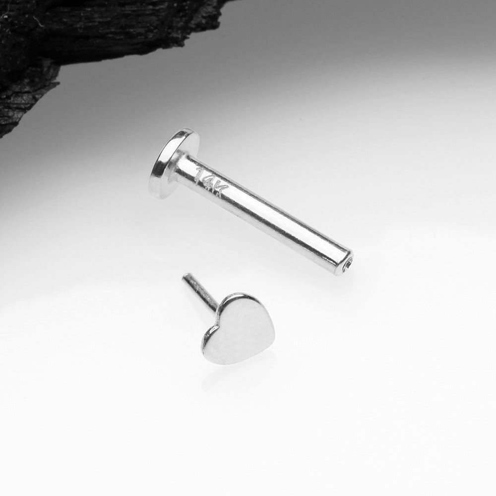 Detail View 2 of 14 Karat White Gold OneFit Threadless Flat Heart Top Flat Back Stud Labret