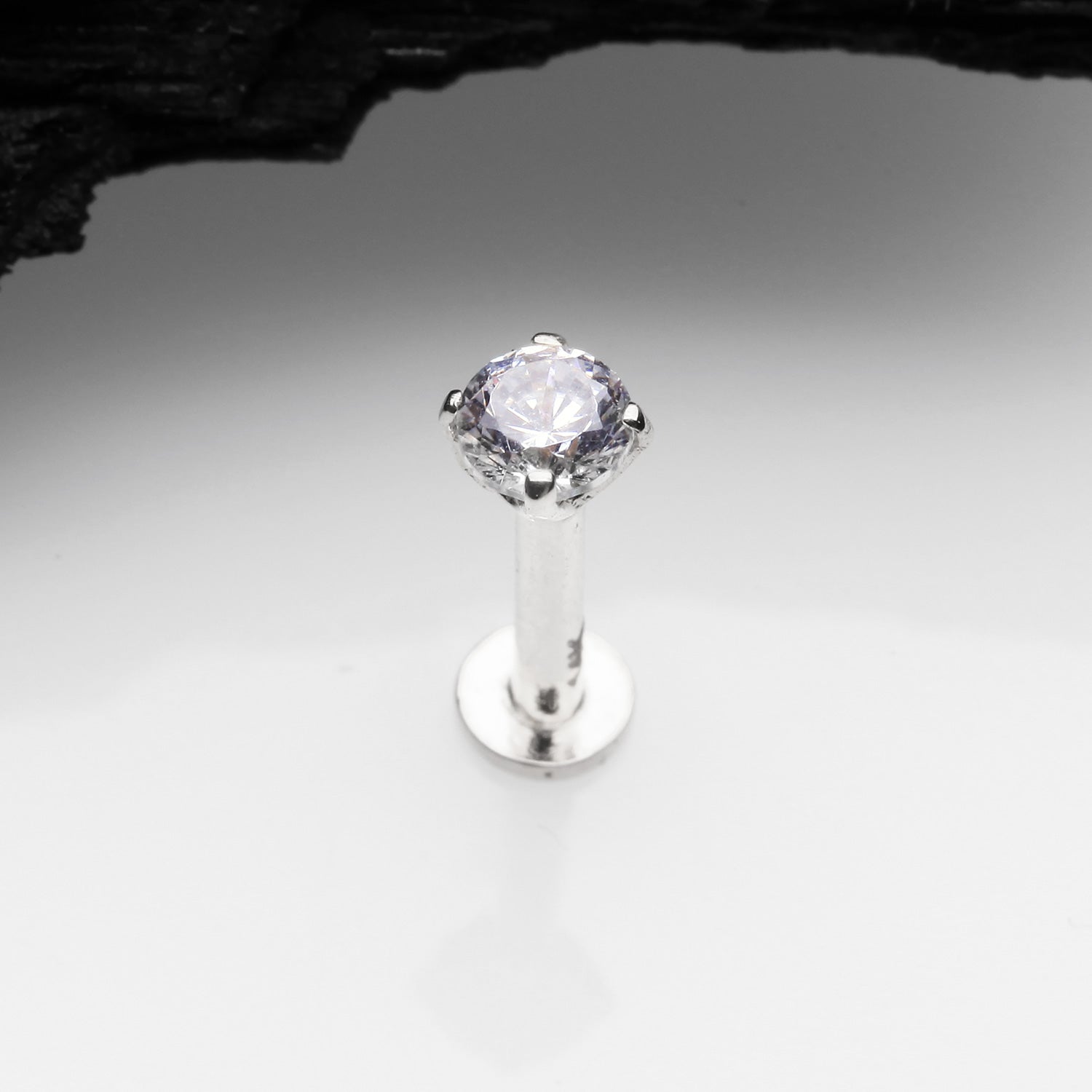 Detail View 1 of 14 Karat White Gold OneFit Threadless Prong Set Gem Top Flat Back Stud Labret-Clear Gem