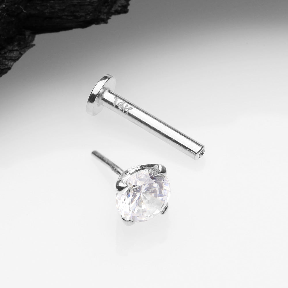 Detail View 2 of 14 Karat White Gold OneFit Threadless Prong Set Gem Top Flat Back Stud Labret-Clear Gem
