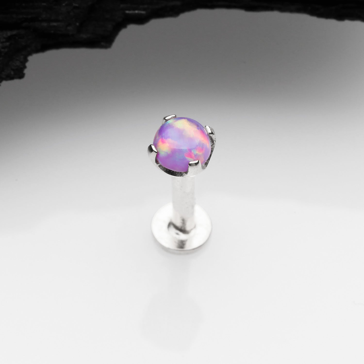 Detail View 1 of 14 Karat White Gold OneFit Threadless Prong Set Fire Opal Top Flat Back Stud Labret-Purple Opal