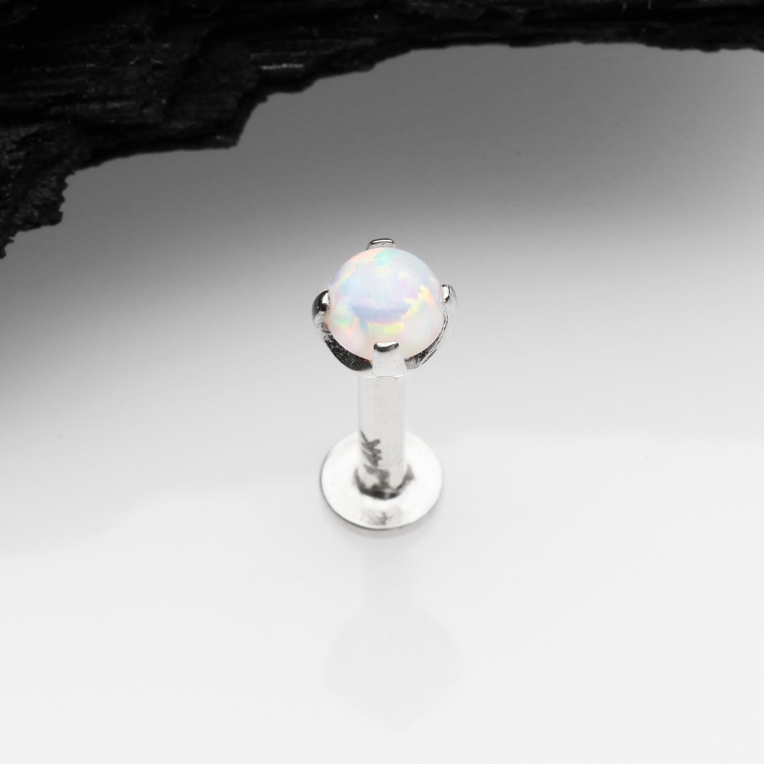Detail View 1 of 14 Karat White Gold OneFit Threadless Prong Set Fire Opal Top Flat Back Stud Labret-White Opal