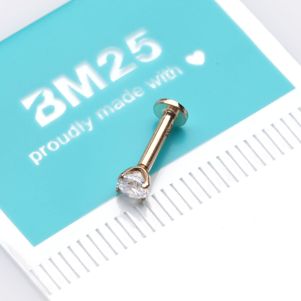Detail View 3 of 14 Karat Gold OneFit Threadless Prong Set Gem Top Flat Back Stud Labret-Clear Gem
