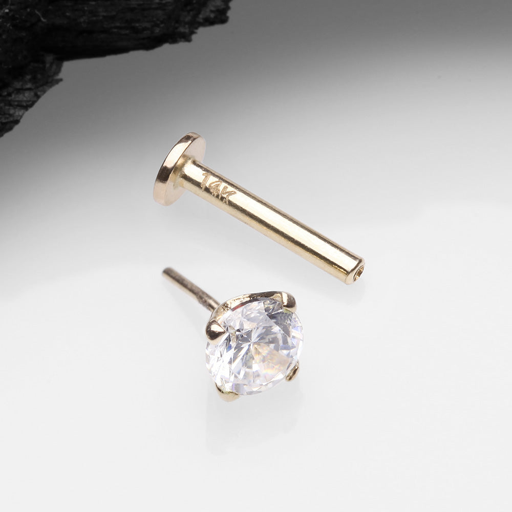 Detail View 2 of 14 Karat Gold OneFit Threadless Prong Set Gem Top Flat Back Stud Labret-Clear Gem