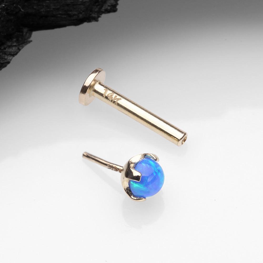 Detail View 2 of 14 Karat Gold OneFit Threadless Prong Set Fire Opal Top Flat Back Stud Labret-Blue Opal