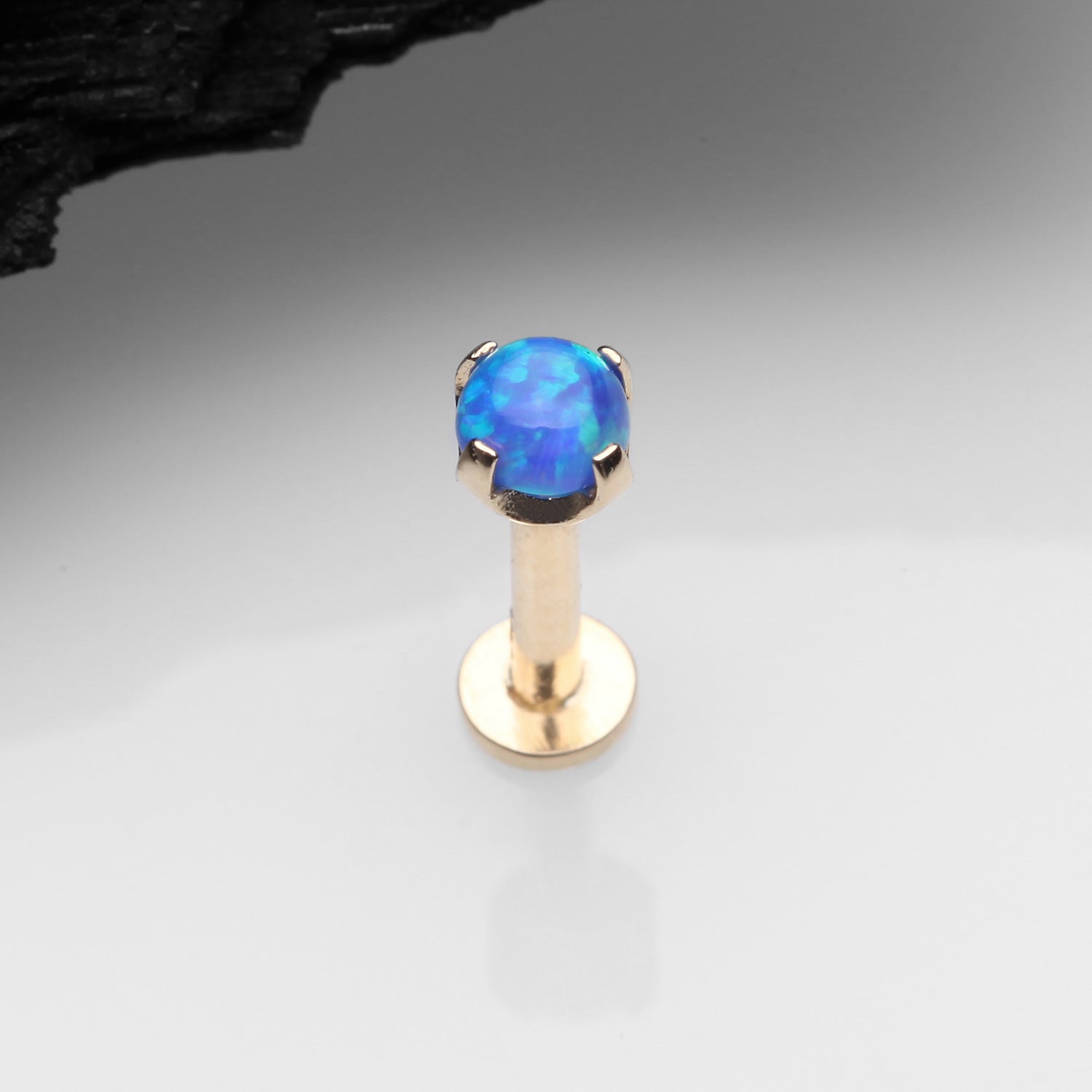 Detail View 1 of 14 Karat Gold OneFit Threadless Prong Set Fire Opal Top Flat Back Stud Labret-Blue Opal