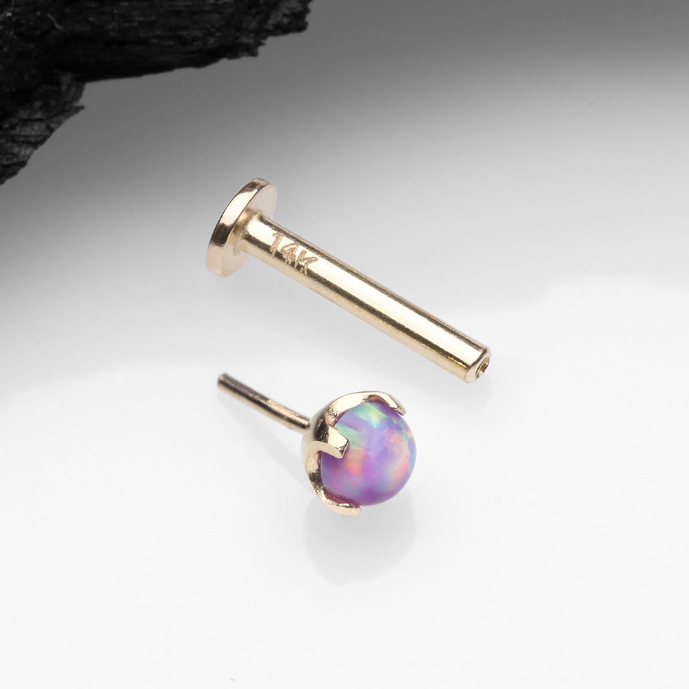 Detail View 2 of 14 Karat Gold OneFit Threadless Prong Set Fire Opal Top Flat Back Stud Labret-Purple Opal