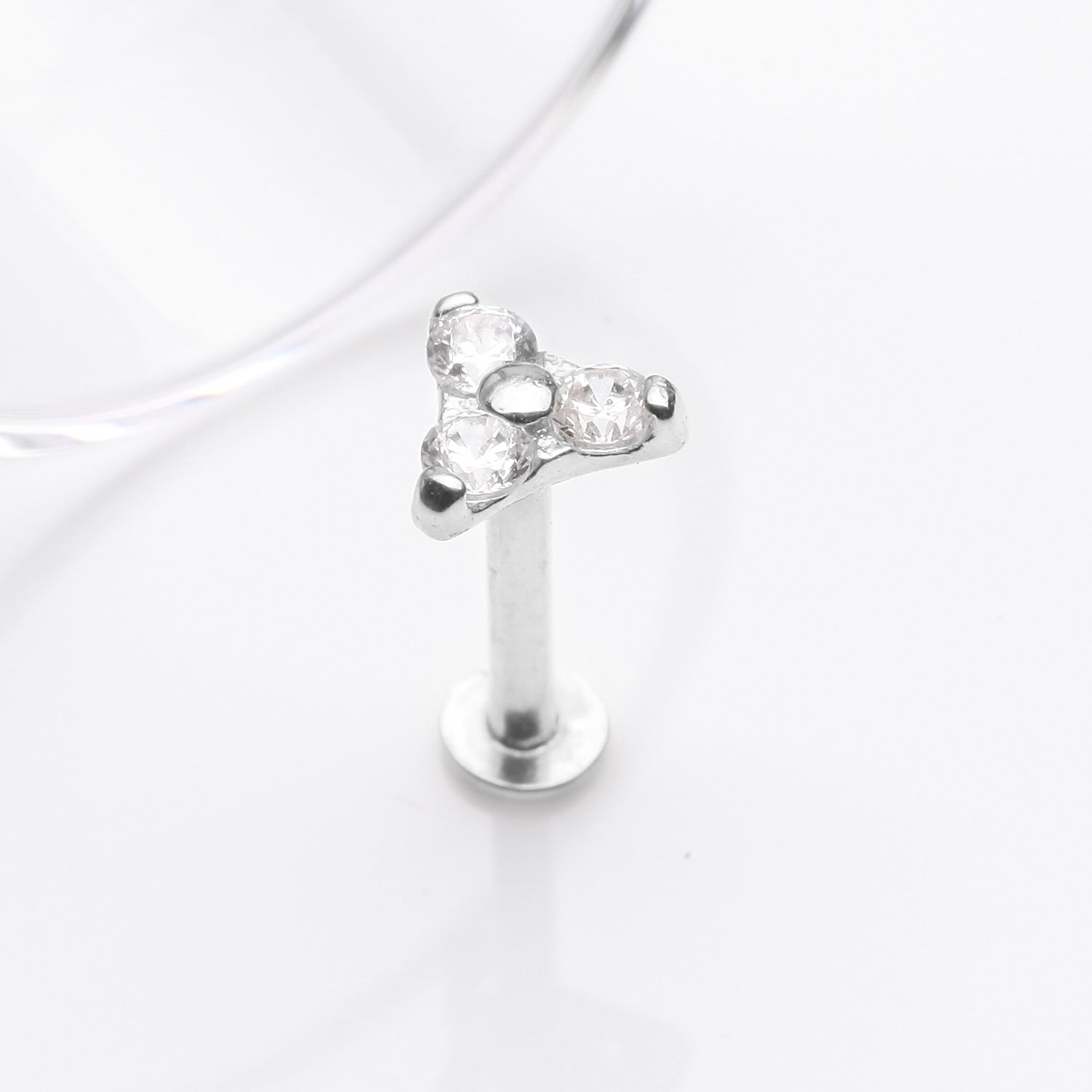 Detail View 1 of 14 Karat White Gold OneFit Threadless Trinity Sparkle Flat Back Stud Labret-Clear Gem
