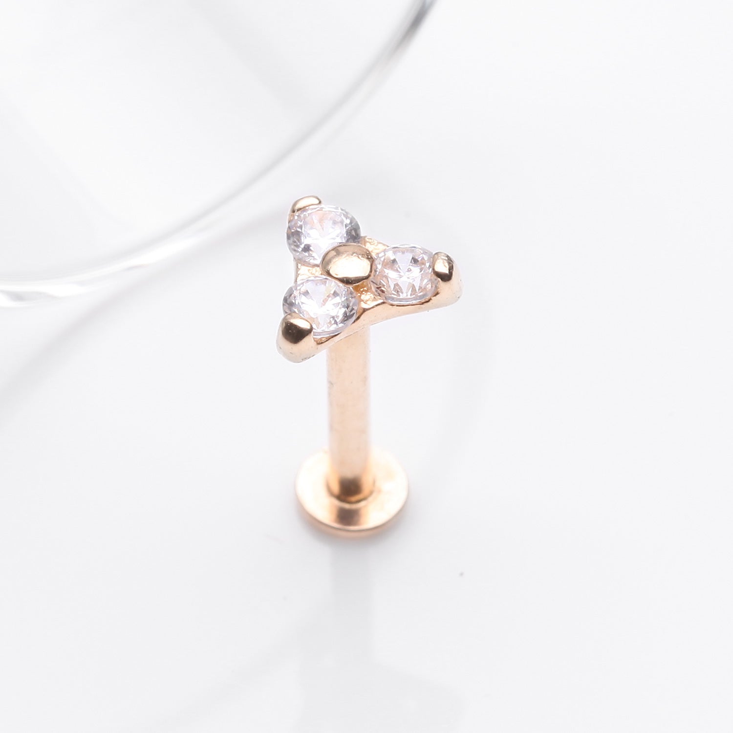 Detail View 1 of 14 Karat Gold OneFit Threadless Trinity Sparkle Flat Back Stud Labret-Clear Gem