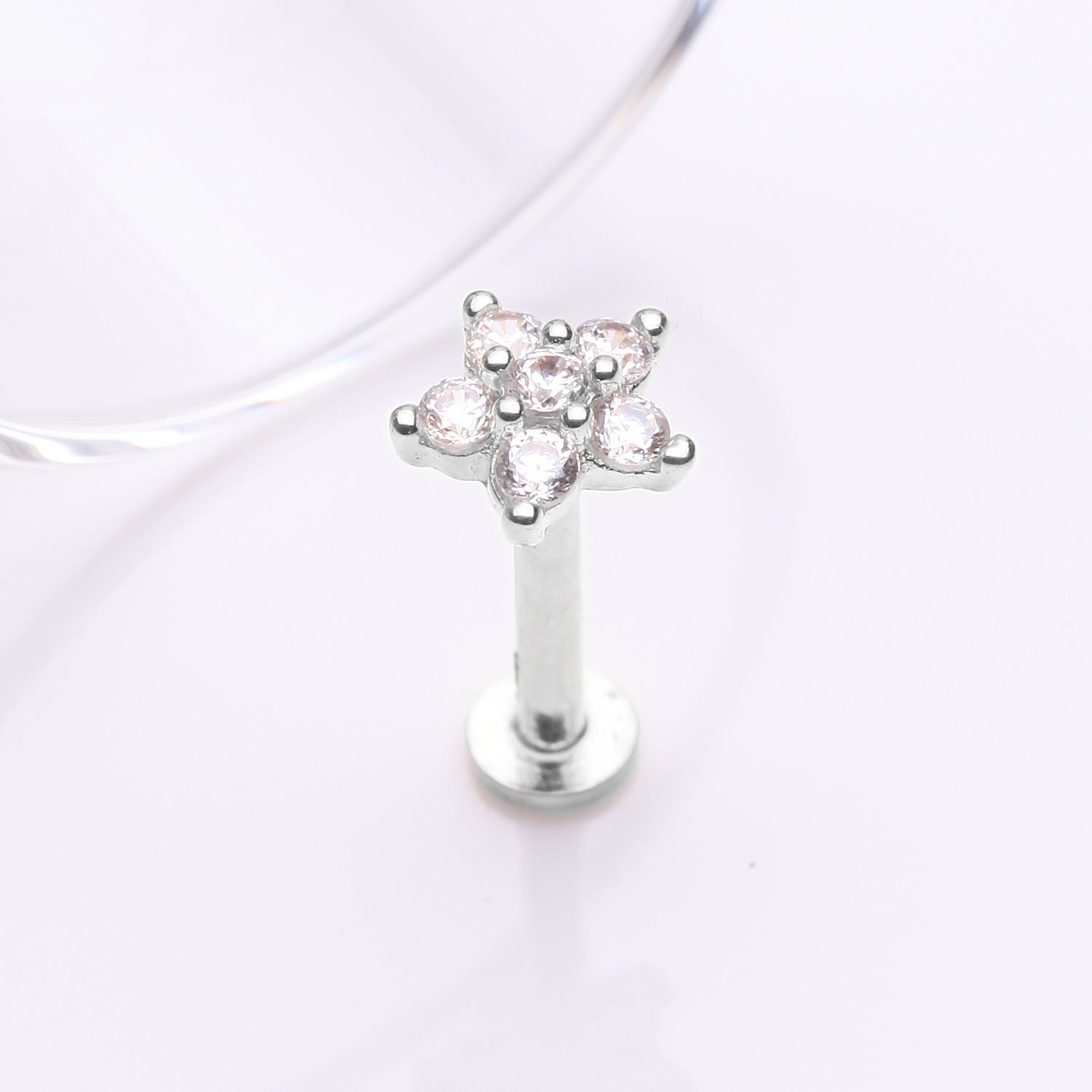Detail View 1 of 14 Karat White Gold OneFit Threadless Brilliant Sparkle Flower Flat Back Stud Labret-Clear Gem