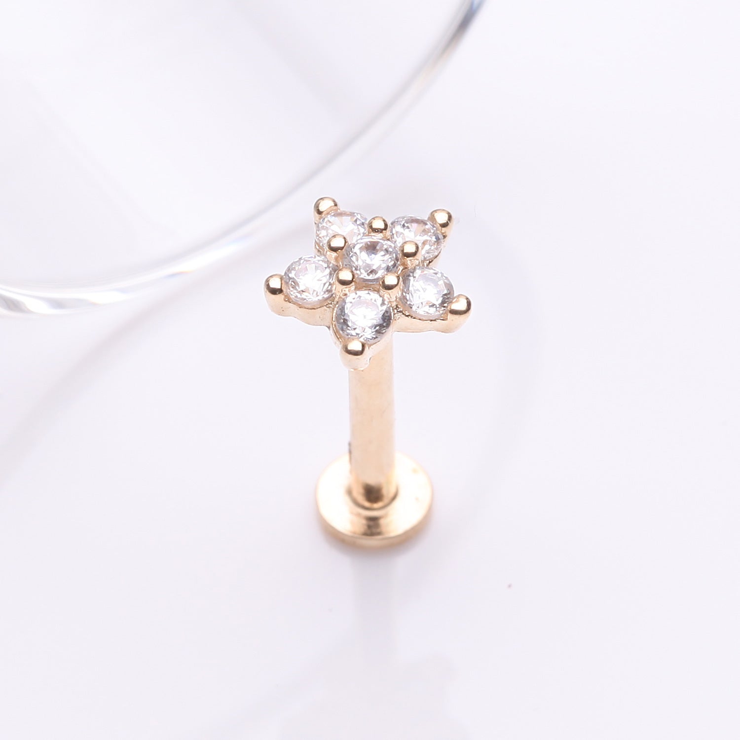 Detail View 1 of 14 Karat Gold OneFit Threadless Brilliant Sparkle Flower Flat Back Stud Labret-Clear Gem