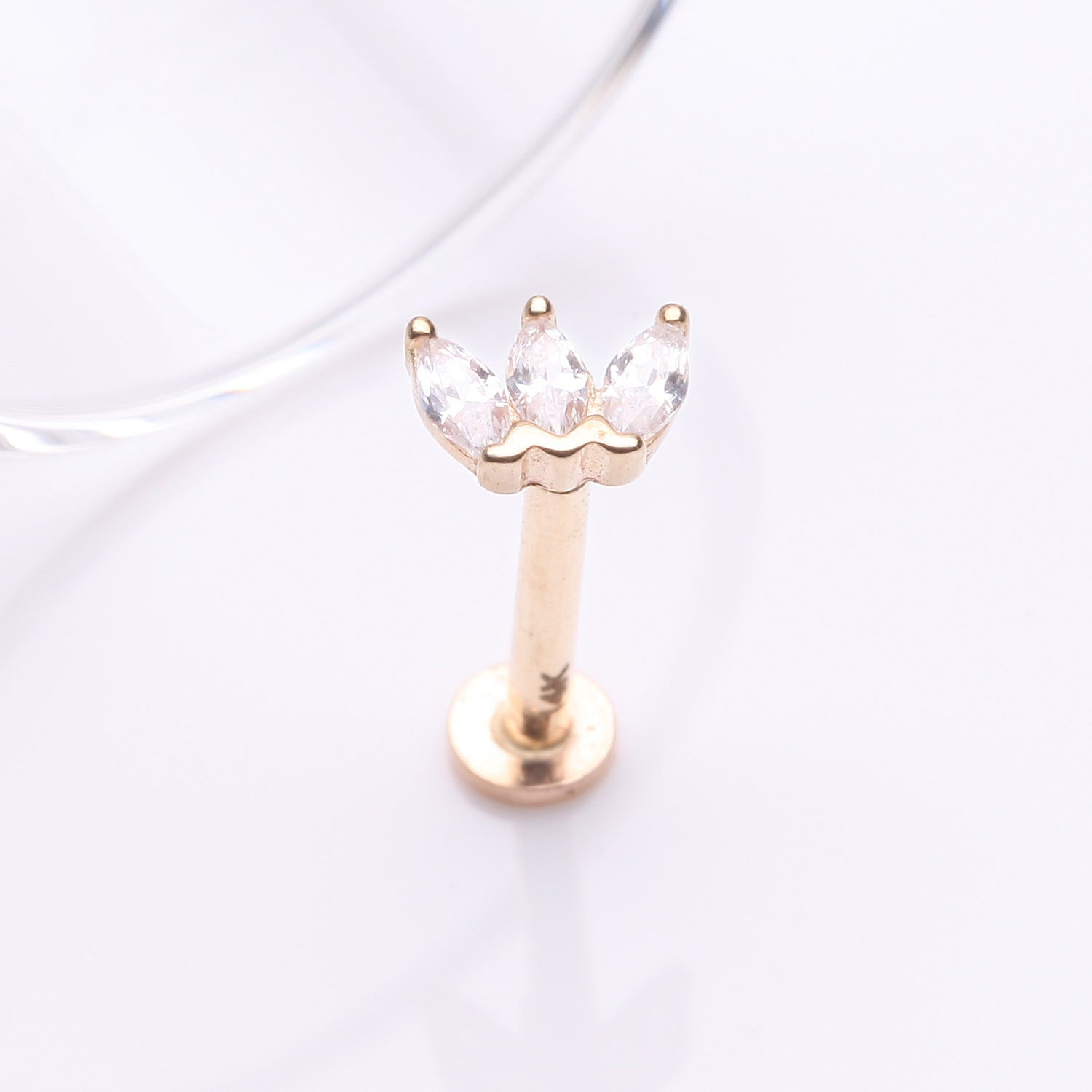 Detail View 1 of 14 Karat Gold OneFit Threadless Triple Marquise Sparkle Flower Flat Back Stud Labret-Clear Gem