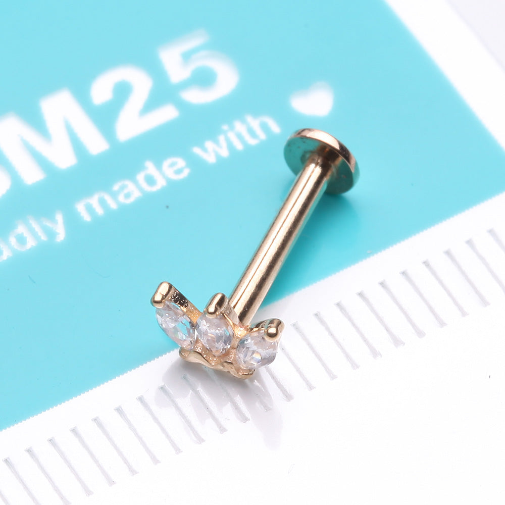 Detail View 2 of 14 Karat Gold OneFit Threadless Triple Marquise Sparkle Flower Flat Back Stud Labret-Clear Gem