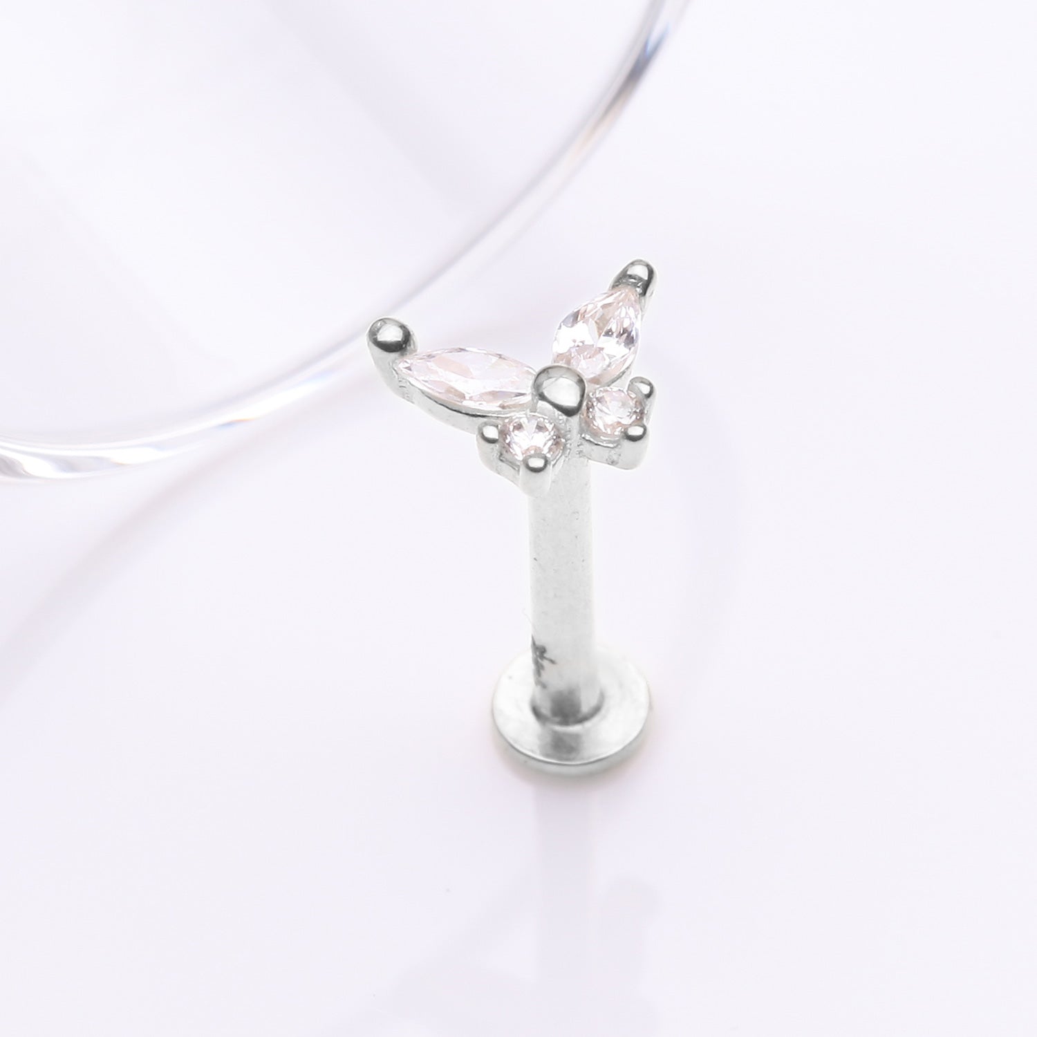 Detail View 1 of 14 Karat White Gold OneFit Threadless Dainty Butterfly Sparkle Flat Back Stud Labret-Clear Gem