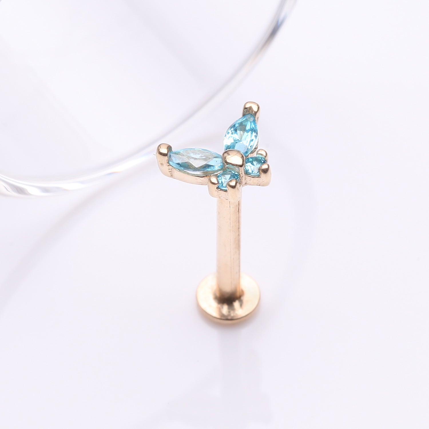 Detail View 1 of 14 Karat Gold OneFit Threadless Dainty Butterfly Sparkle Flat Back Stud Labret-Aqua