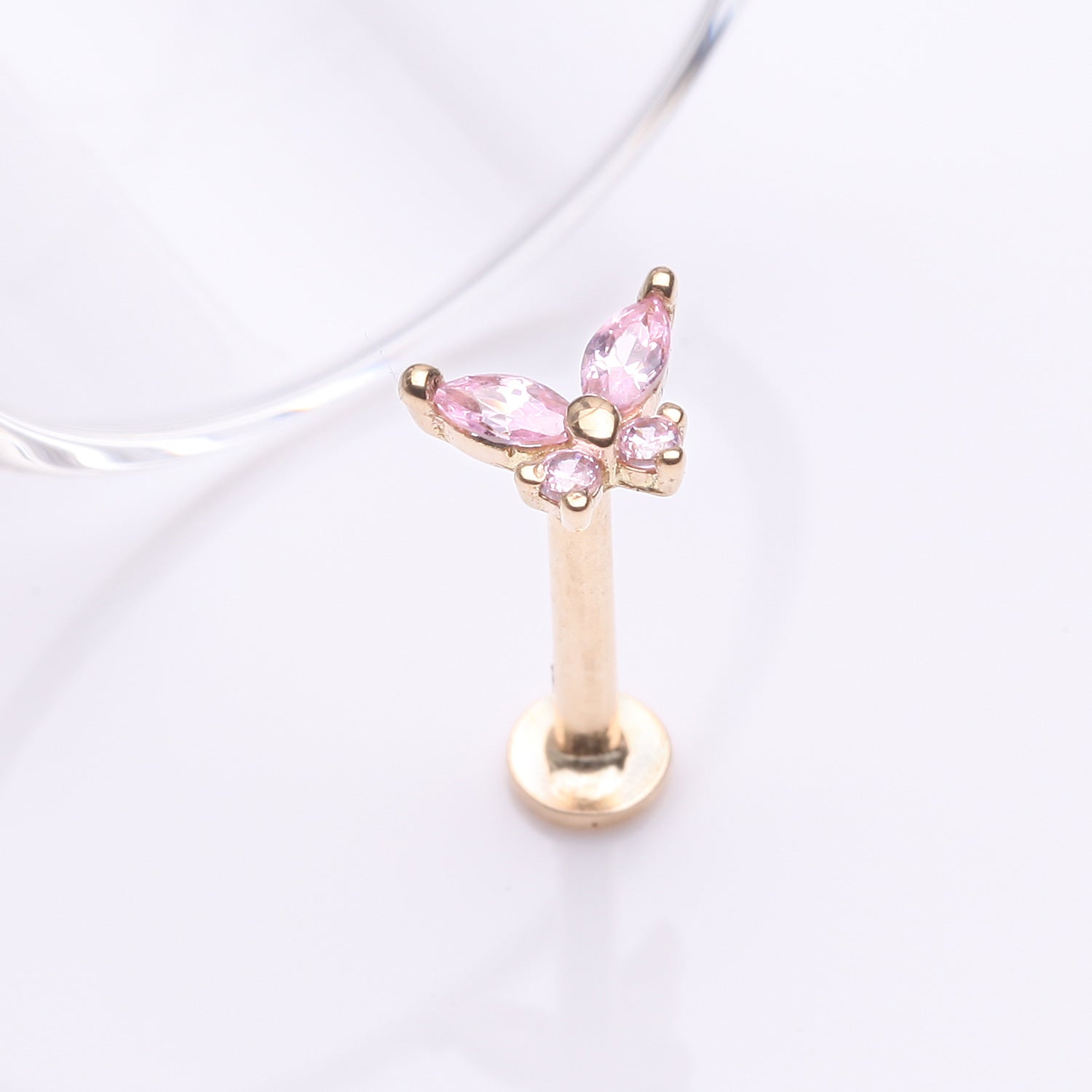 Detail View 1 of 14 Karat Gold OneFit Threadless Dainty Butterfly Sparkle Flat Back Stud Labret-Pink