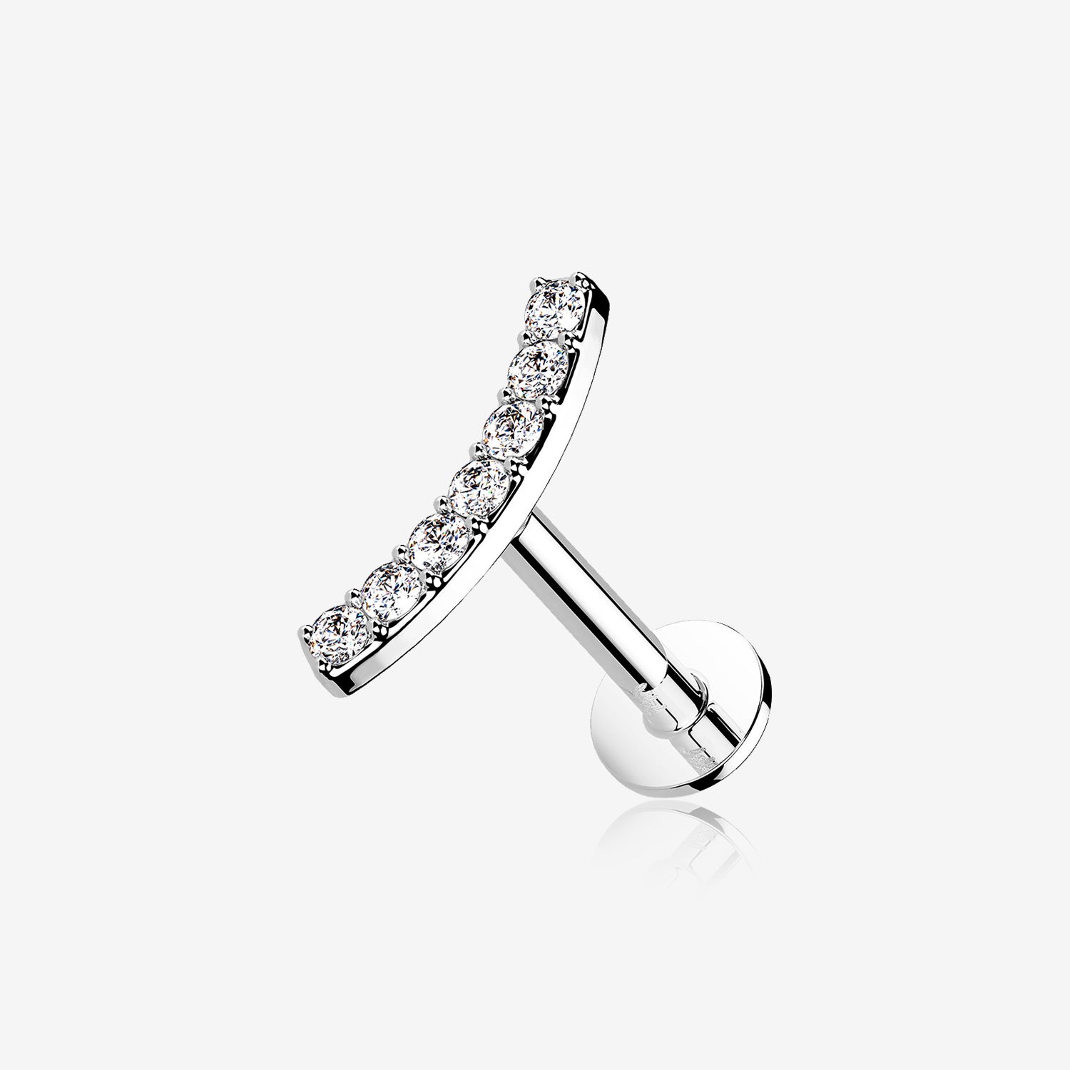 14 Karat White Gold OneFit Threadless Brilliant Sparkle Gems Journey Curve Flat Back Stud Labret-Clear Gem