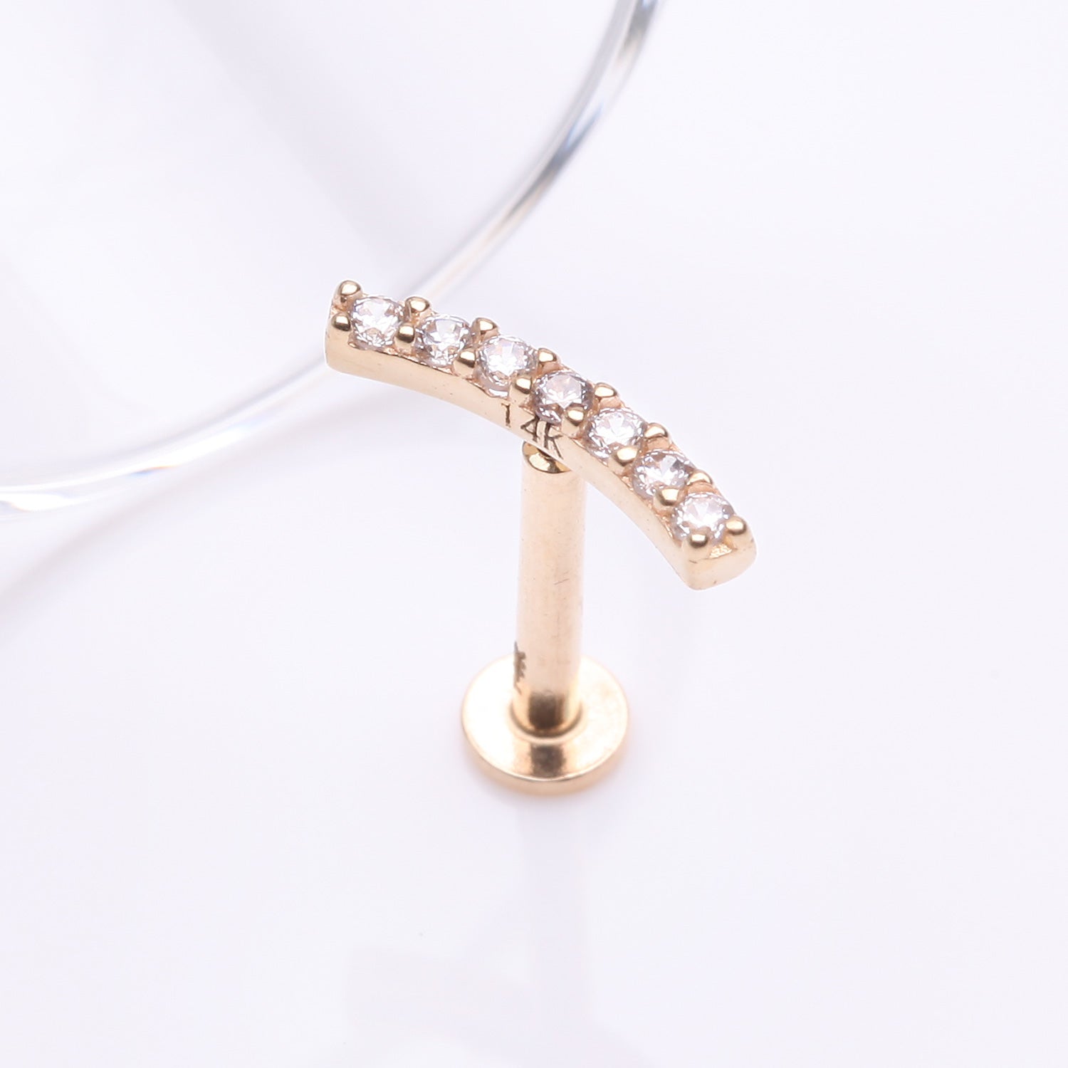 Detail View 1 of 14 Karat Gold OneFit Threadless Brilliant Sparkle Gems Journey Curve Flat Back Stud Labret-Clear Gem