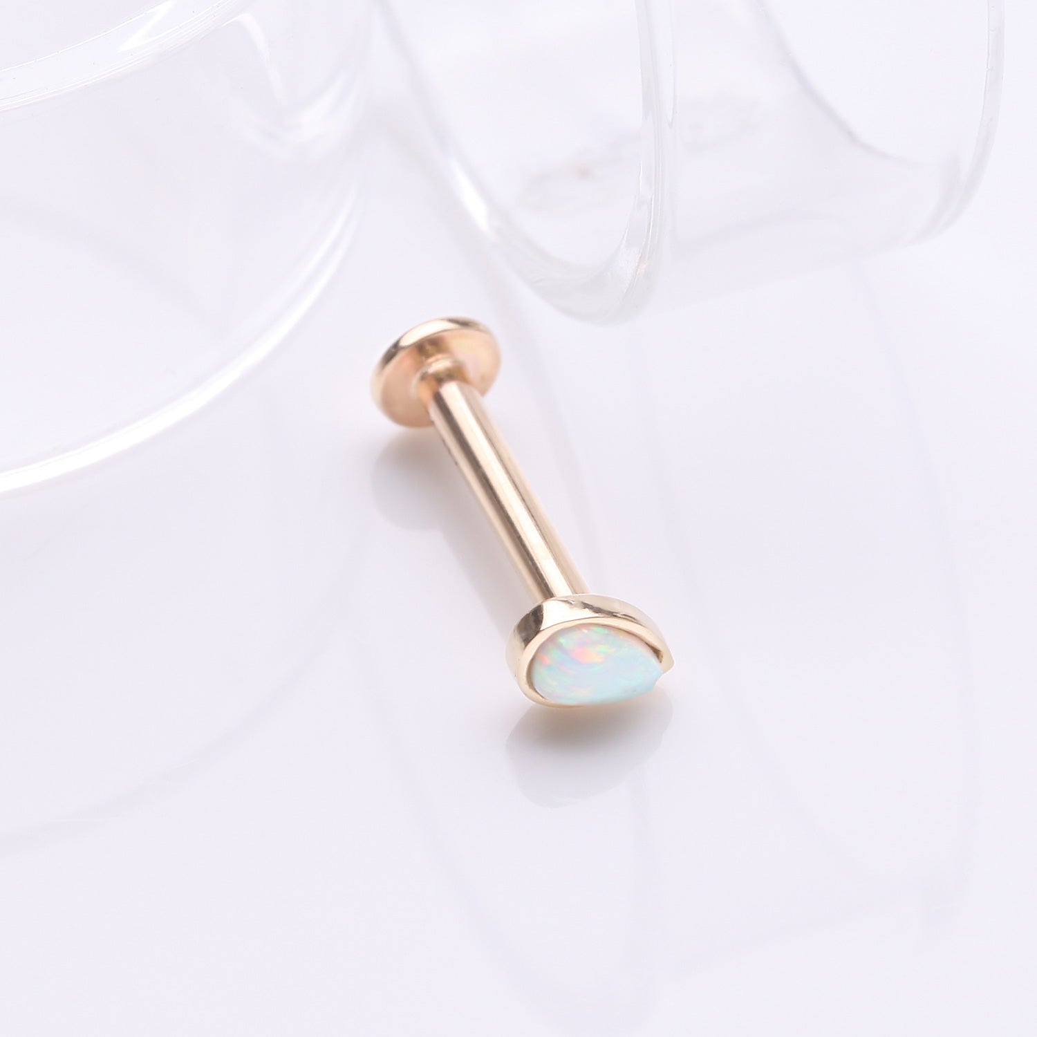 Detail View 1 of 14 Karat Gold OneFit Threadless Teardrop Fire Opal Sparkle Flat Back Stud Labret-White Opal